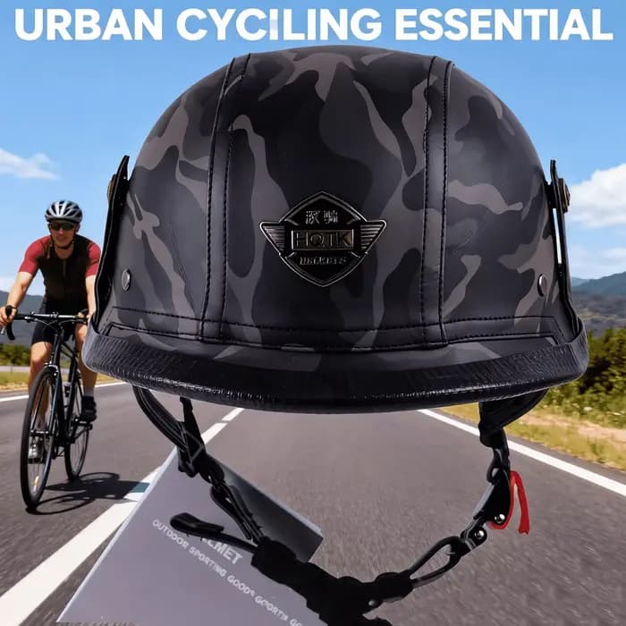 Casque de moto rétro demi-coque ouvert en cuir de 128 mm fabriqué allemand avec visière ouverte certifiée DOT