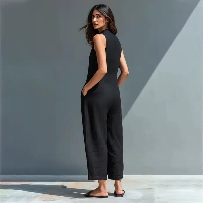 Combinaison en coton et lin pour femme, col montant, sans manches, poches, taille haute, jambes larges, décontractée, pour le quotidien