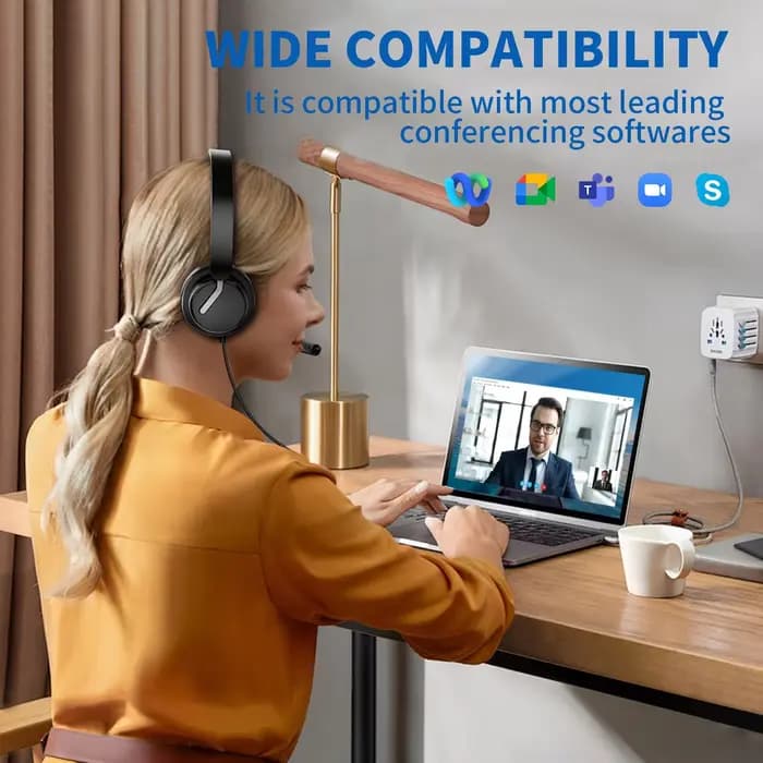 Awatrue Casque d'ordinateur USB pour travailler avec micro antibruit Commandes muettes en ligne Casque filaire pour bureau/centre d'appels/éxtes