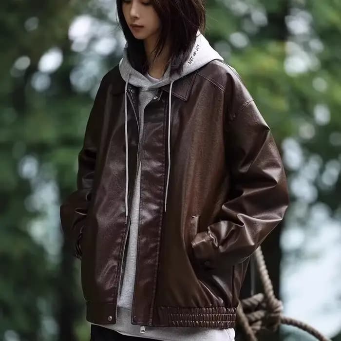 Veste en cuir marron rétro unisexe lâche style moto printemps automne manteau