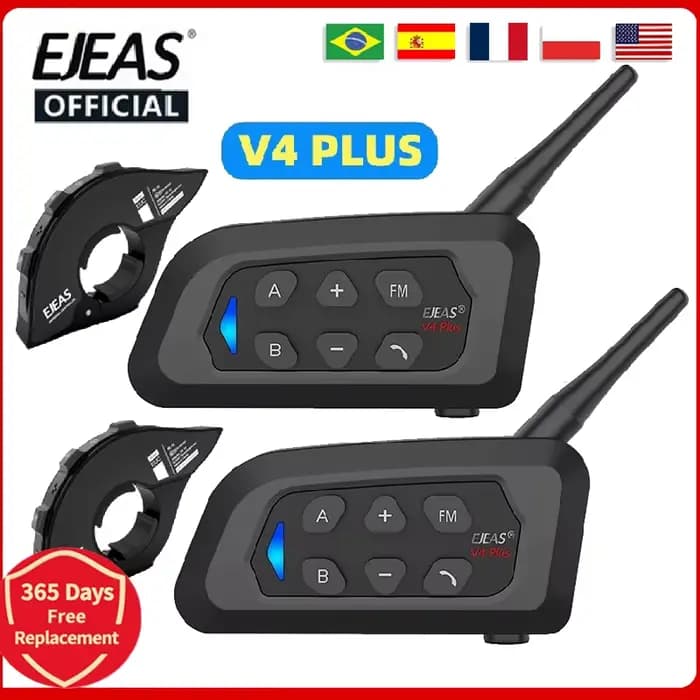 EJEAS V4 Plus casque de moto Bluetooth talkie-walkie 4 coureurs Distance 1500 mètres Full Duplex IP65 étanche