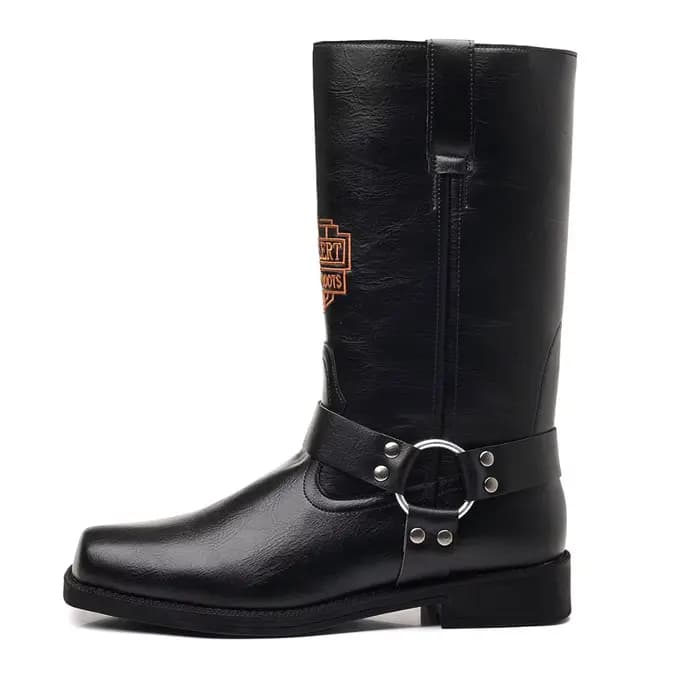 Bottes en cuir pour hommes avec manchon brodé rétro pour bottes de moto, bottes de cowboy western à tige large