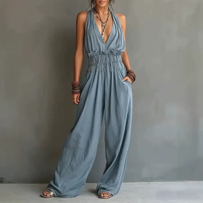 Combinaison Halter pour femme, décolleté plongeant sans manches, dos nu, jambes larges, tenue décontractée fluide pour la plage avec poches