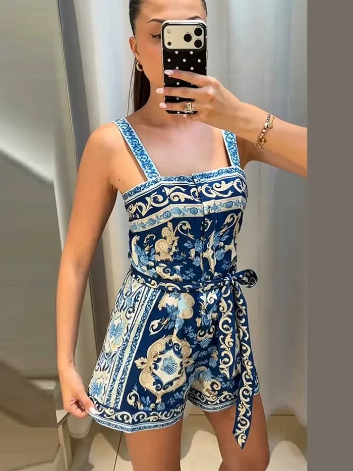 Combinaison-short en lin imprimé pour femme, à lacets, taille haute, jambes larges, nouvelle collection été 2026, chic pour les vacances
