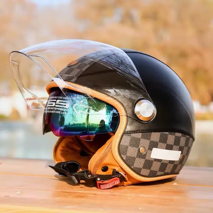 Casque ouvert casques de moto en cuir Vintage Double visière DOT approuvé rétro 3/4 Jet demi-casque avec lentille intérieure