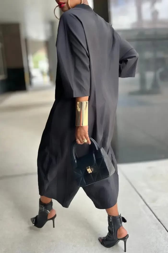 Combinaison grande taille pour femmes, Business décontracté, col de chemise noir, manches 3/4, poches, pantalon sarouel, barboteuse, simple boutonnage, tenues amples
