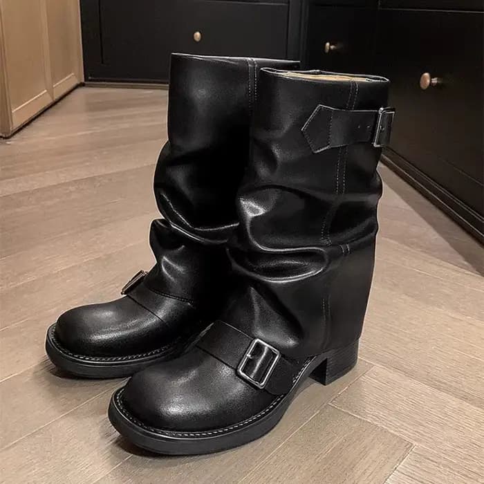 Bottes de motard rétro en cuir PU pour femmes