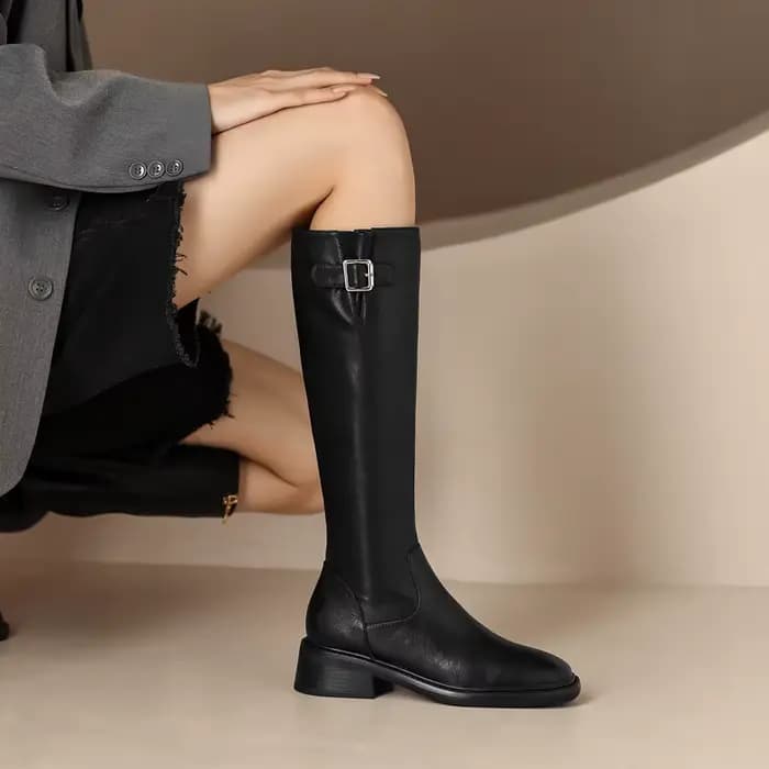 Bottes de chevalier en cuir véritable de vache pour femmes