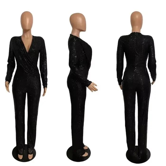 Nouvelle mode paillettes combinaison pour femmes à manches longues col en V drapé automne hiver barboteuses célébrité soirée Club ensemble