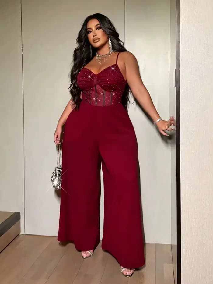 Combinaison sexy à jambes larges pour femme grande taille, une combinaison élégante dos nu avec maille extensible scintillante, adaptée aux dates, aux fêtes