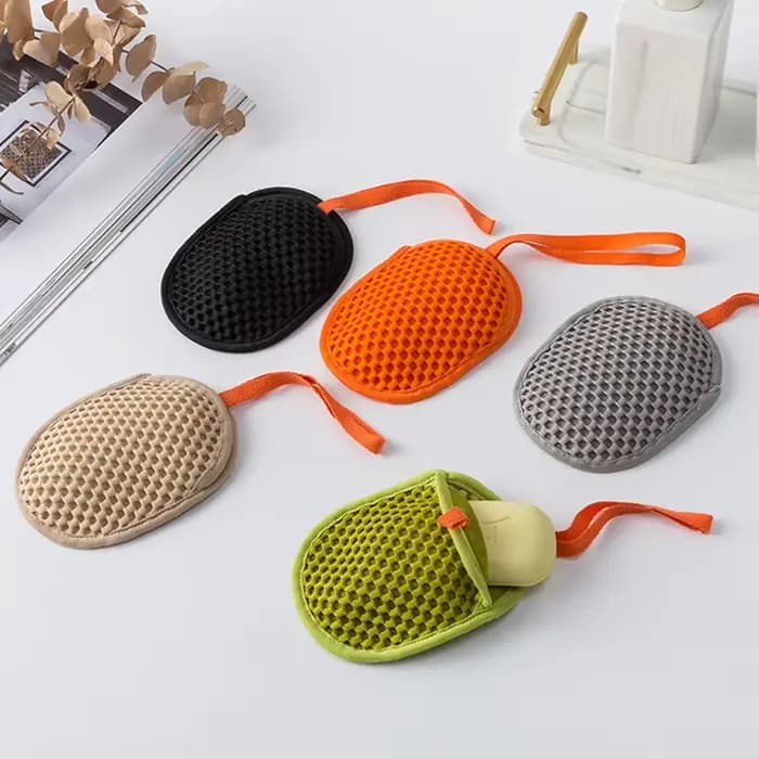 Gant de bain 2-en-1 double face pour éliminer les peaux mortes et la saleté, gant de douche, filet moussant, sac à savon, peut contenir du savon