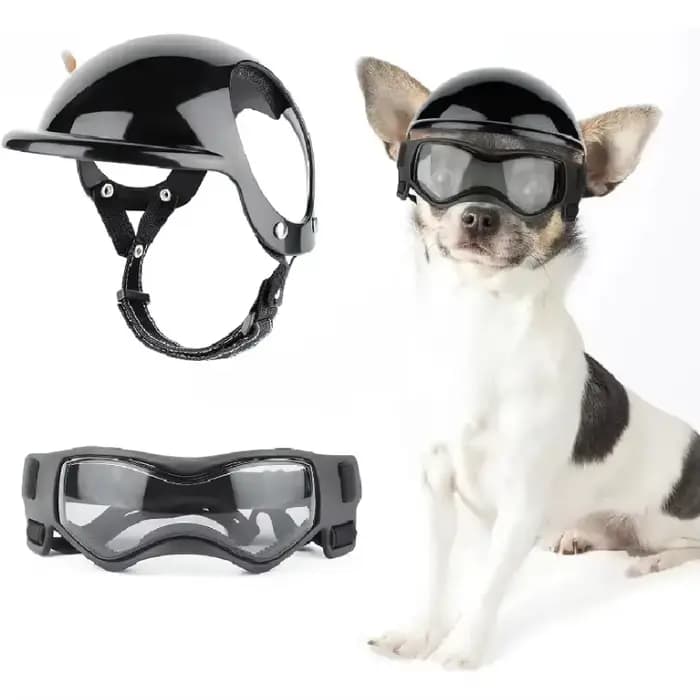 Casque et lunettes de protection pour petits chiens - Casque de moto pour animaux de compagnie avec trous pour les oreilles, sangles réglables pour la promenade des chiots
