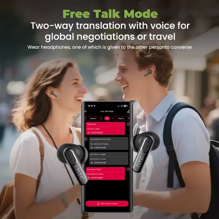 Écouteurs Bluetooth avec traduction IA en temps réel, 134 langues, confort intra-auriculaire, son surround pour les voyages et le travail, HTC NE60 TWS