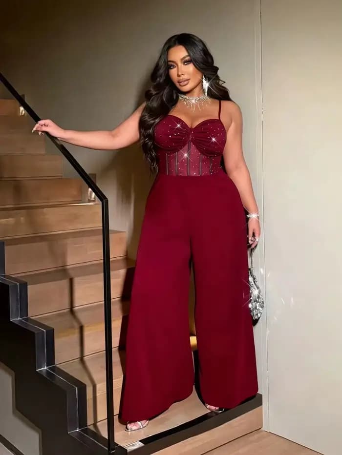 Combinaison sexy à jambes larges pour femme grande taille, une combinaison élégante dos nu avec maille extensible scintillante, adaptée aux dates, aux fêtes