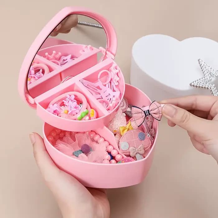 Boîte d'accessoires pour cheveux, rangement de bijoux avec miroir, pinces à cheveux roses, organisateur d'élastiques pour filles et enfants, étui de voyage Portable