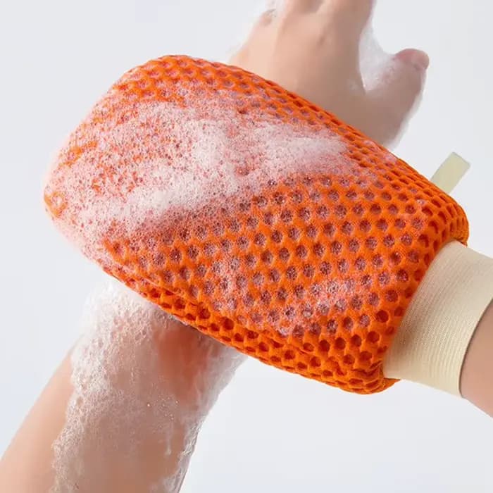 Gant de bain 2-en-1 double face pour éliminer les peaux mortes et la saleté, gant de douche, filet moussant, sac à savon, peut contenir du savon