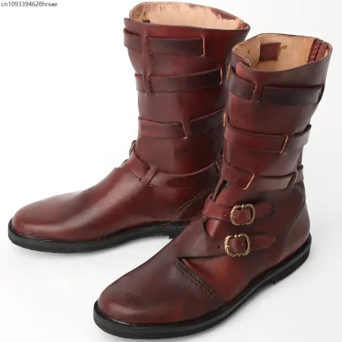 Bottes mi-mollet en cuir vintage à multiples boucles pour hommes
