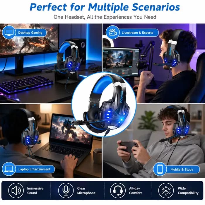 Casque de jeu filaire G9000 avec micro, casque stéréo supra-auriculaire à LED bleue pour PC PS4 PS5 Xbox Switch Ordinateur portable Mobile