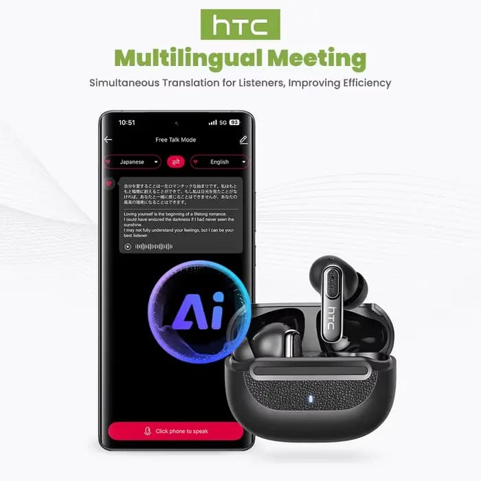 Écouteurs Bluetooth avec traduction IA en temps réel, 134 langues, confort intra-auriculaire, son surround pour les voyages et le travail, HTC NE60 TWS
