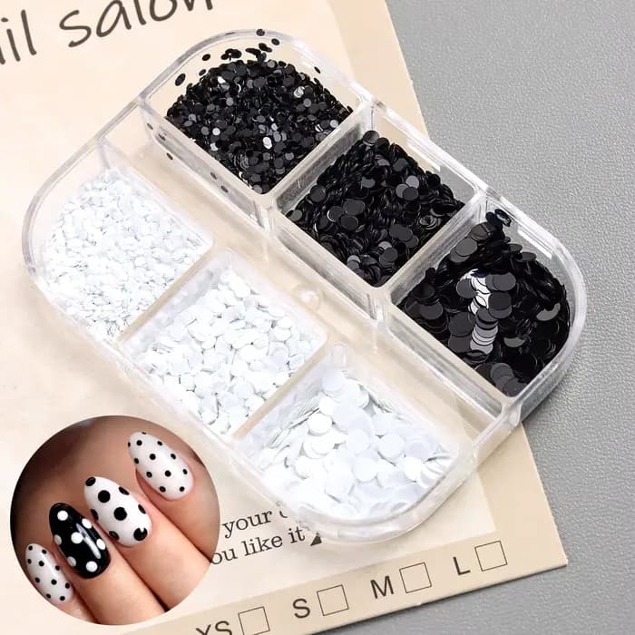 Accessoires de nail art à pois noirs et blancs scintillants, nail art rétro à motifs floraux et paillettes, paillettes rondes polyvalentes DIY