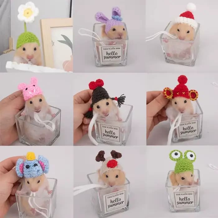 Accessoires pour animaux de compagnie, chapeau de Hamster de dessin animé, doux, fait à la main, tricoté, réglable, petits casquettes pour animaux de compagnie, photographie