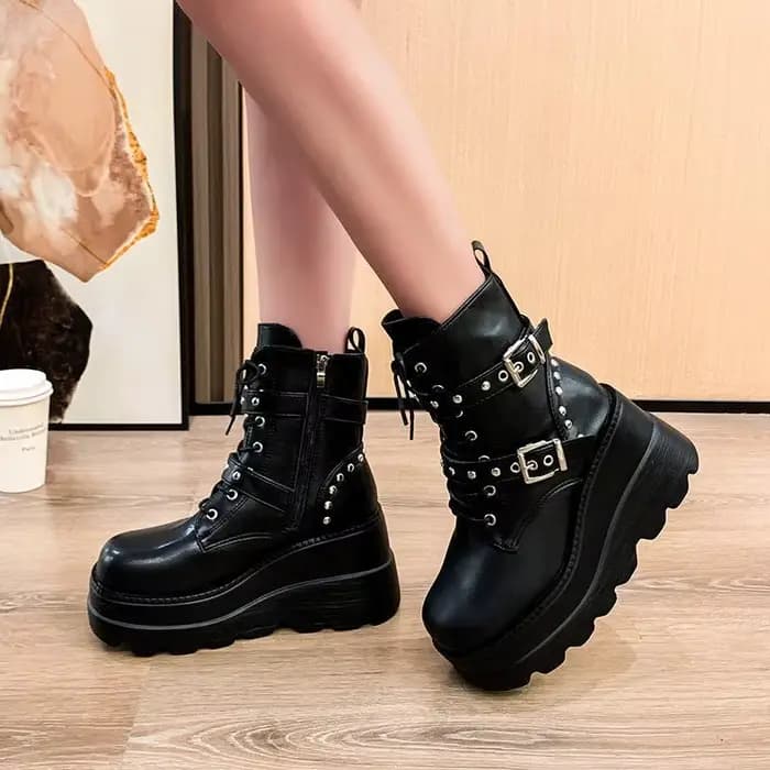Bottes de moto mi-mollet à boucle de ceinture grande taille pour femme