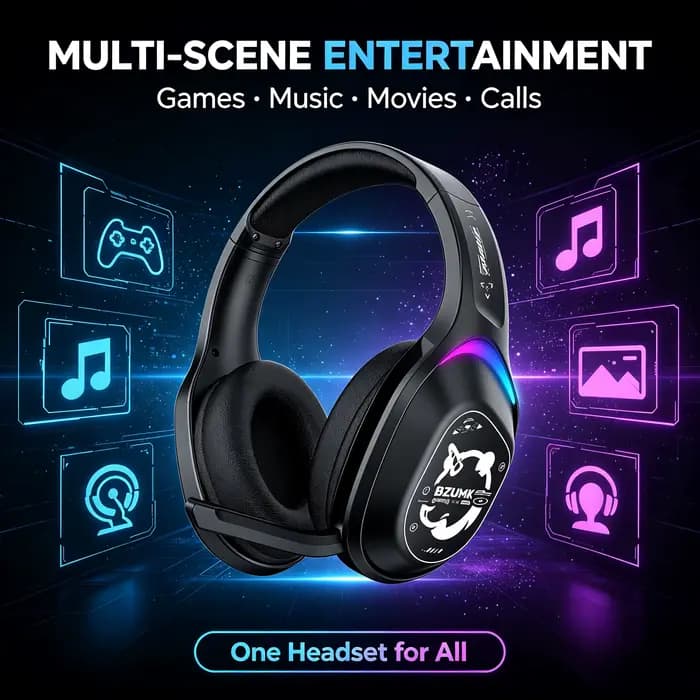 Casque de jeu filaire Bzumk avec éclairage RGB élégant, utilisation multi-scénarios, adapté au jeu et au bureau