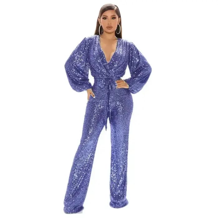 Nouvelle mode paillettes combinaison pour femmes à manches longues col en V drapé automne hiver barboteuses célébrité soirée Club ensemble