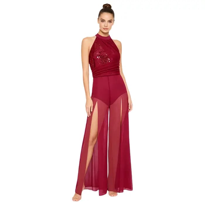 Combinaison de danse lyrique moderne pour femme, haut à sequins dos nu, body en maille fendu à jambes larges pour spectacle de danse latine, gala, championnat