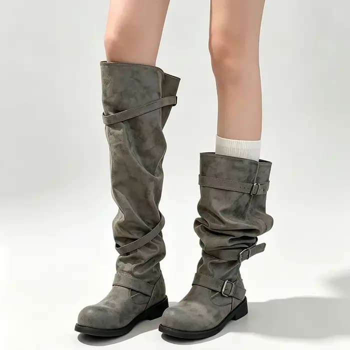 Bottes de cowboy vintage grises Y2K pour femme, avec boucle de ceinture, fronces, talon carré, noires, montantes au-dessus du genou, style motard