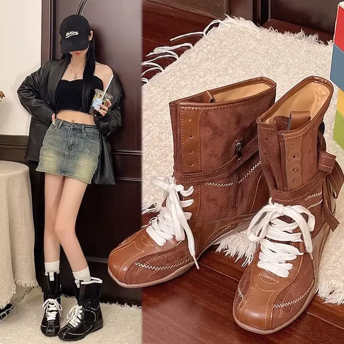 2025 nouvelles bottes de boxe polyvalentes rétro décontractées en cuir Nubuck bout rond couleur assortie à lacets