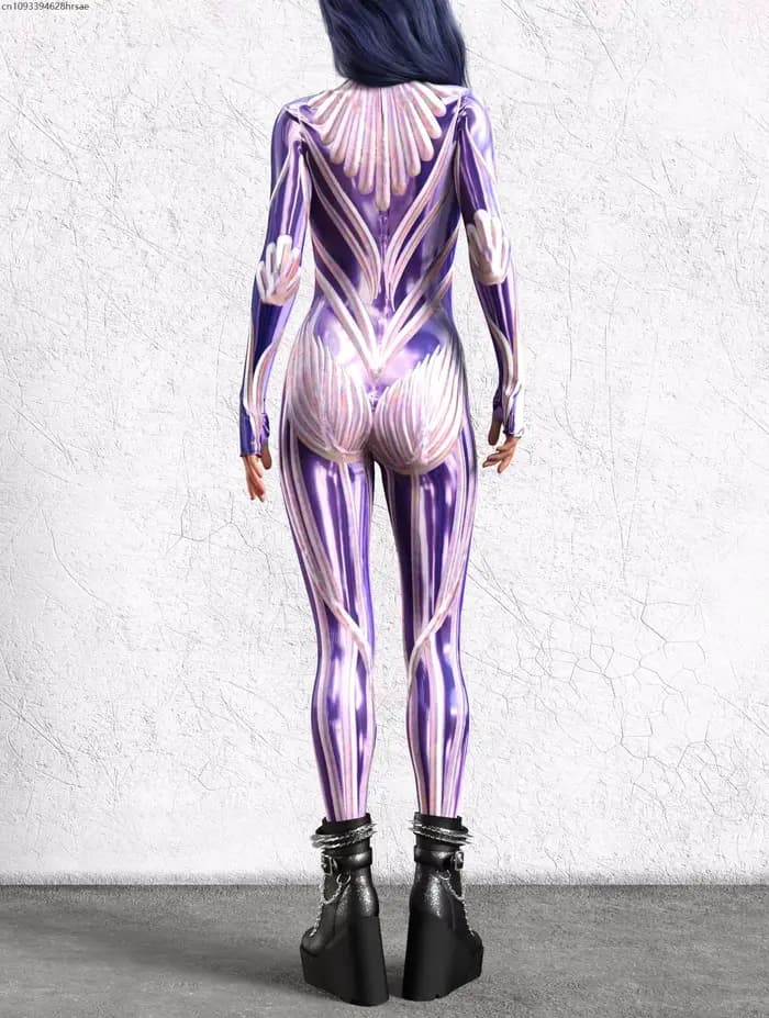 Combinaison moulante sexy pour femme, costume de cosplay pour festival de musique, performance scénique, combinaison intégrale rayée violette