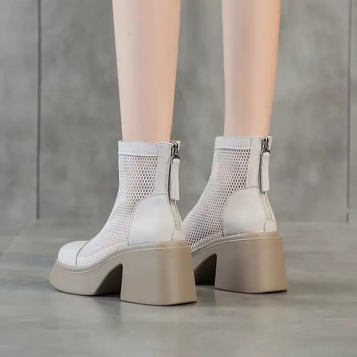 Bottes d'été fines en maille respirante pour femmes, à talon haut et ajourées, style polyvalent à semelle épaisse pour le quotidien, bout rond