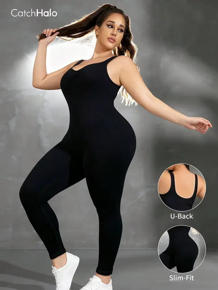 Combinaison de yoga sans coutures pour femme, grande taille — Dos nu, col en U, sans manches — Bodysuit gainant effet push-up fessier — Tenue de fitness et d'entraînement