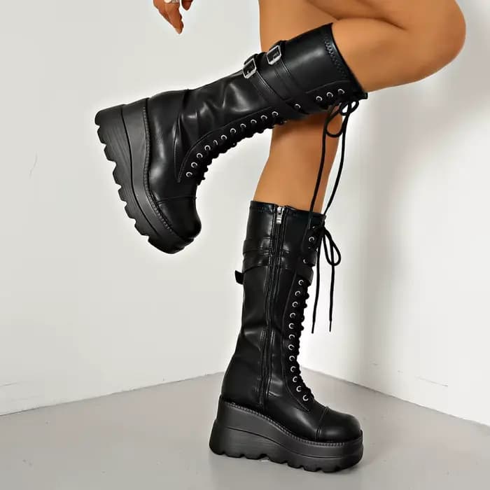 Bottes de moto style punk sombre à talon épais avec boucle de ceinture