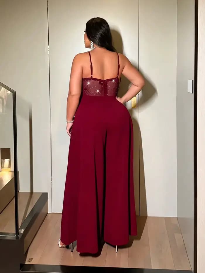 Combinaison sexy à jambes larges pour femme grande taille, une combinaison élégante dos nu avec maille extensible scintillante, adaptée aux dates, aux fêtes