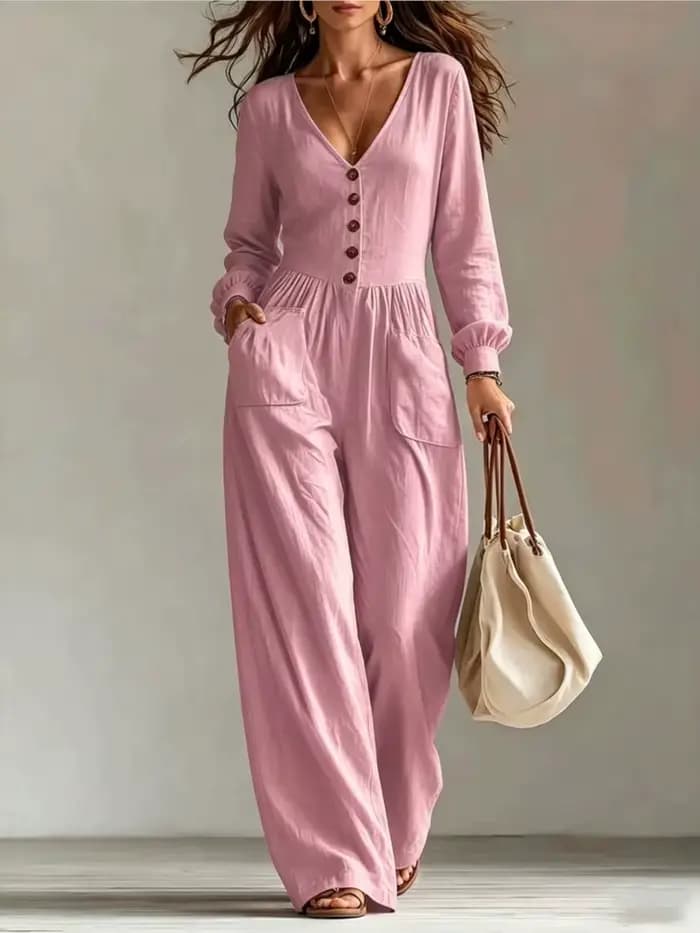 Combinaison blanche pour femme, col en V profond, manches longues, boutonnée sur le devant, jambes larges, décontractée, avec poches, tenue de plage pour les vacances