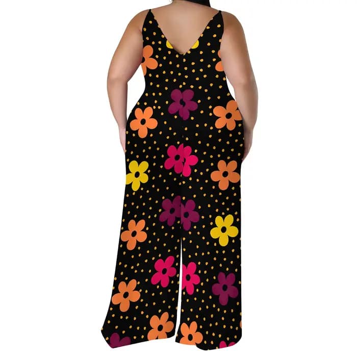 Combinaison florale grande taille – Barboteuse à jambes larges et épaules dénudées avec écharpe, pantalon Boho Palazzo pour femme