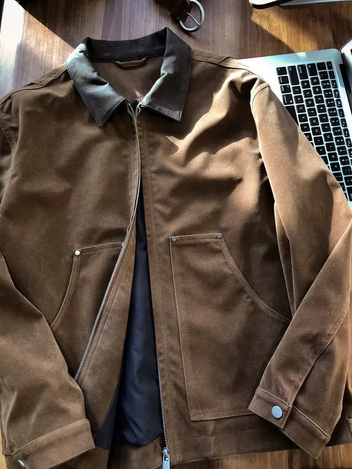 Veste en cuir de moto Amekaji en daim rétro marron foncé avec revers