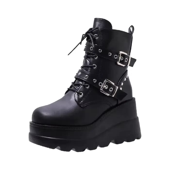 Bottes de moto mi-mollet à boucle de ceinture grande taille pour femme