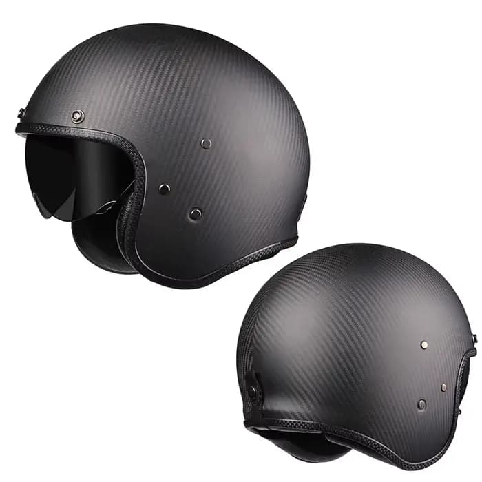 Casque Moto Vintage Jet Rétro 3/4 en Fibre de Carbone Authentique pour Cafe Racer avec Visière Intérieure