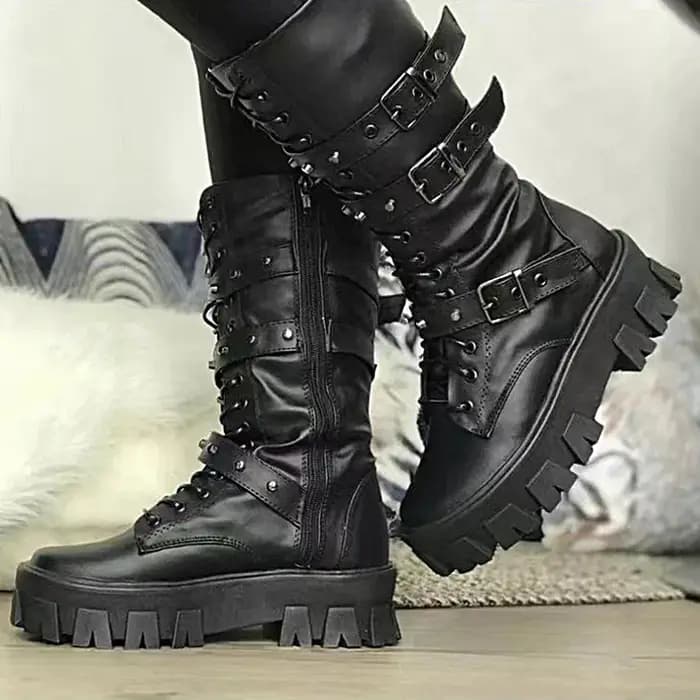 Nouvelles Bottes Punk pour Femme, Bottes de Moto à Fermeture Éclair, Bottes Mi-Mollet Automne Hiver 2026, Bottes de Motard à Talon Plateforme pour Femme, Chaussures pour Dames