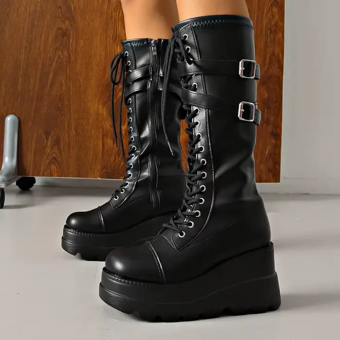 Bottes de moto style punk sombre à talon épais avec boucle de ceinture