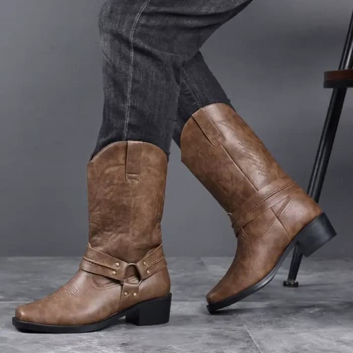 Bottes pour hommes, bottes de cowboy western rétro brodées, bottes de moto tendance pour hommes, bottes en cuir mi-mollet, Botas Masculino