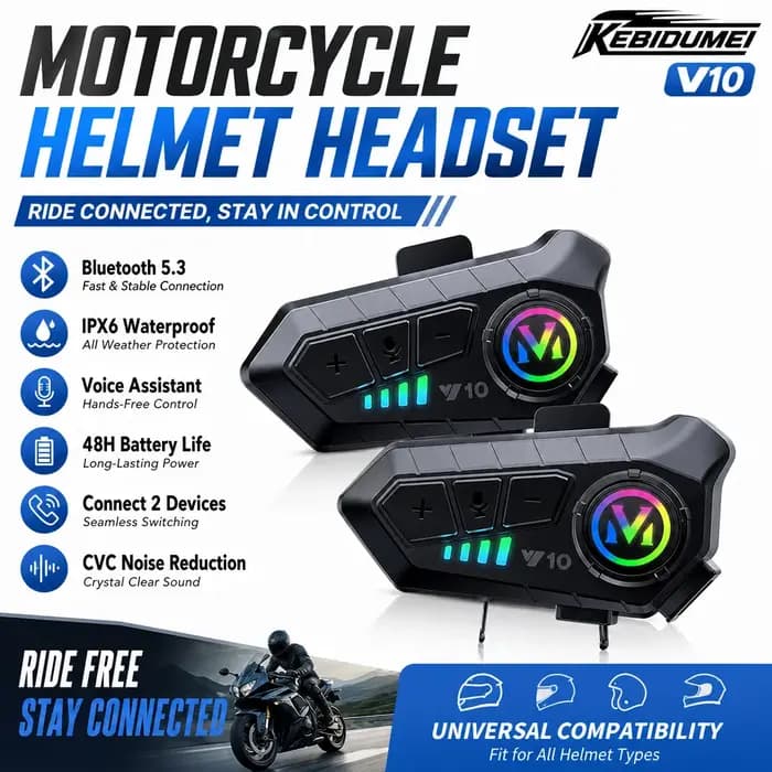 Casque de moto avec écouteurs Bluetooth 5.3, étanche IPX6, lecteur MP3, son HD, casque sans fil pour moto avec micro et accessoires
