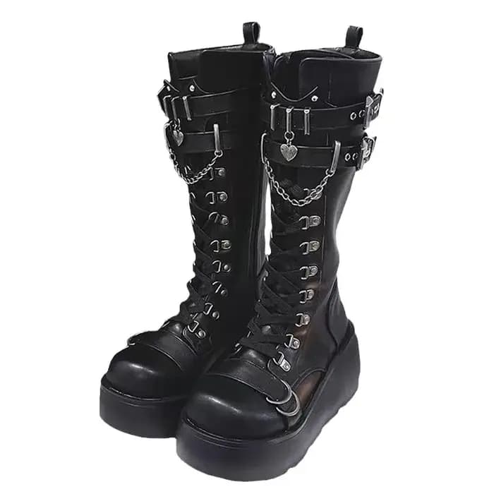 Bottes de moto, bottes à plateforme pour femmes, bottes à talons compensés, bottes hautes noires à l