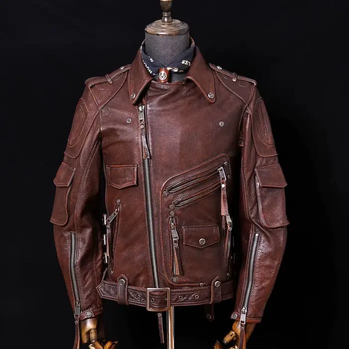Veste en cuir de moto marron rouge pour hommes
