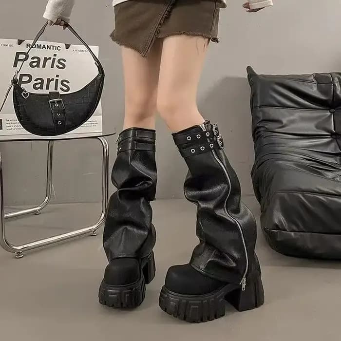 Bottes de motard pour femmes, élégantes, à boucle de ceinture, plateforme, bottes longues décontractées, bottes hautes pour femmes