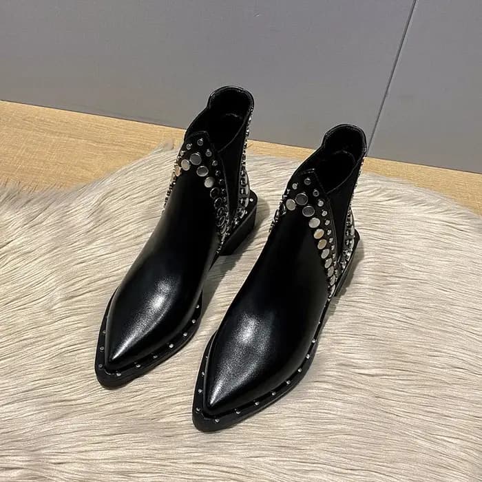 Bottes de moto pointues à rivets pour femmes, bottes mi-hautes en cuir pour dames, bottes de style britannique, talon optique, mode automne, nouveau