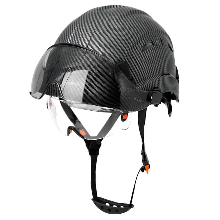 Casque de sécurité à motif en fibre de carbone avec visière et lunettes intégrées